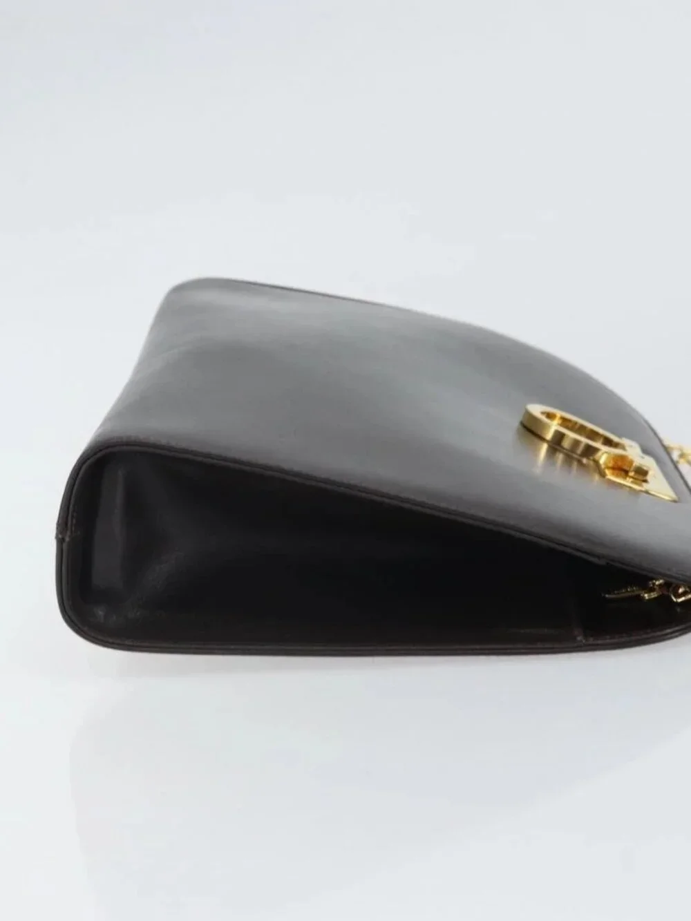Salvatore Ferragamo Gancini Chain Shoulder Bag Leather Brown Gold Auth 166439